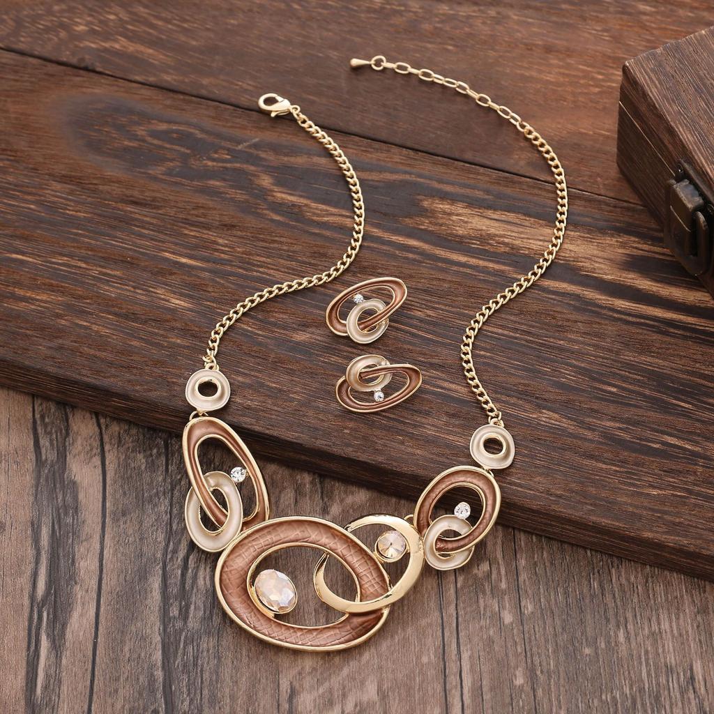 Color painting oil geometric hollow round stud earrings necklace set, fashionable and high-end women's jewelry