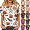 Womens Casual Halloween Print V Neck Short Sleeve Shirt Button Detail Three Quarter Sleeve Top