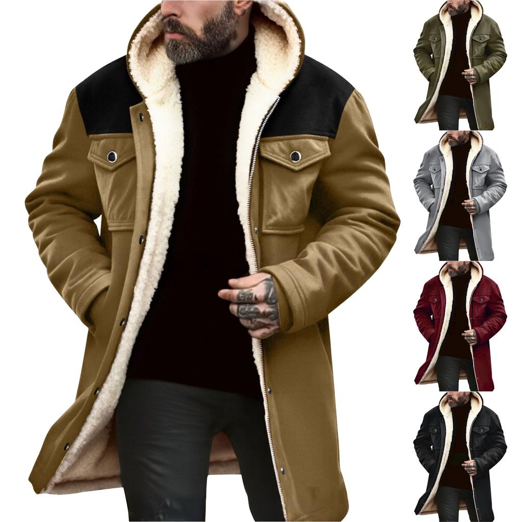 Men's Solid Color Button Pocket Work Wear Plus Leather Jacket Men's Casual Long Coat