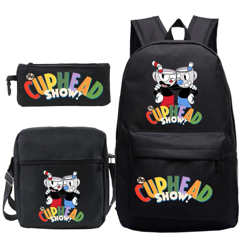Cartoon Teacup Head Cuphead Student School Bag Backpack Three-piece Set Children's Shoulder Bag Pencil Bag