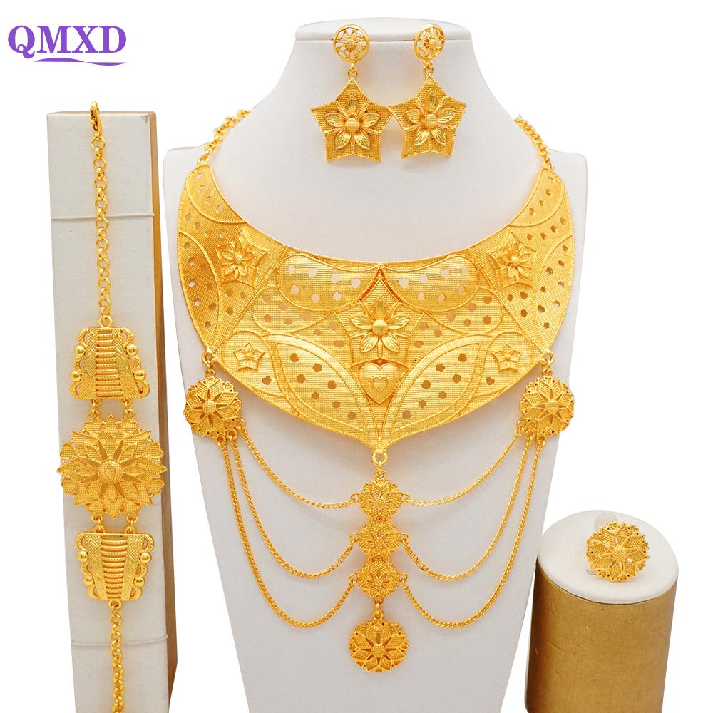 Luxury Dubai Gold Color Jewelry Sets African Bridal Wedding Flower Jewelry Sets Necklace Bracelet Earrings Ring Set Lady Gift