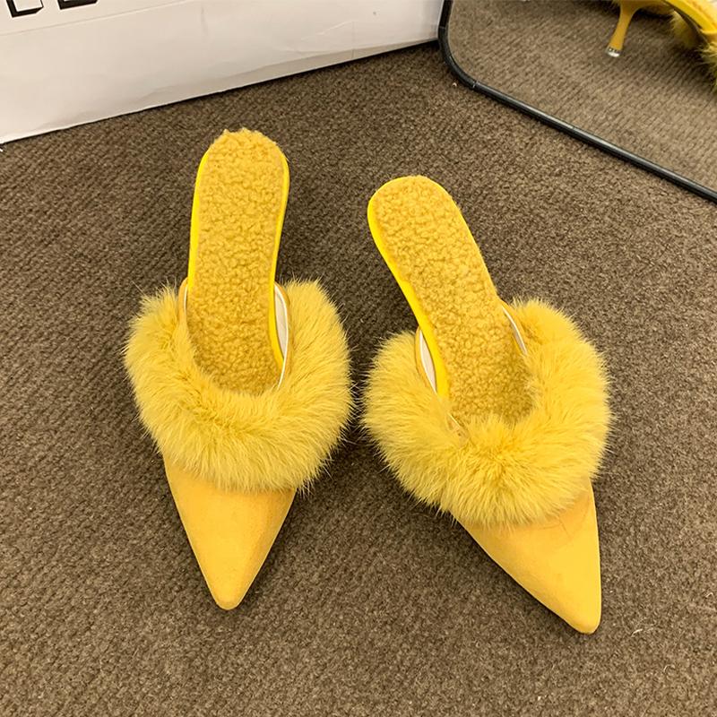 Fur Women High Heels Slippers Pointed Toe Slingback Mules Shoes Sexy Pumps 2025 Winter Designer Luxury Botines Mujeres