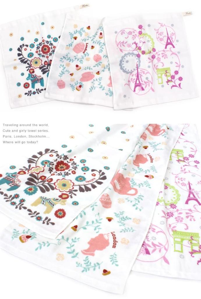 hiorie Face Towels, Gauze Towels, 3-Piece Set, Cute Travel Pattern, Made in Japan, Thin, Quick-Drying, Travel Series 3-Piece Set