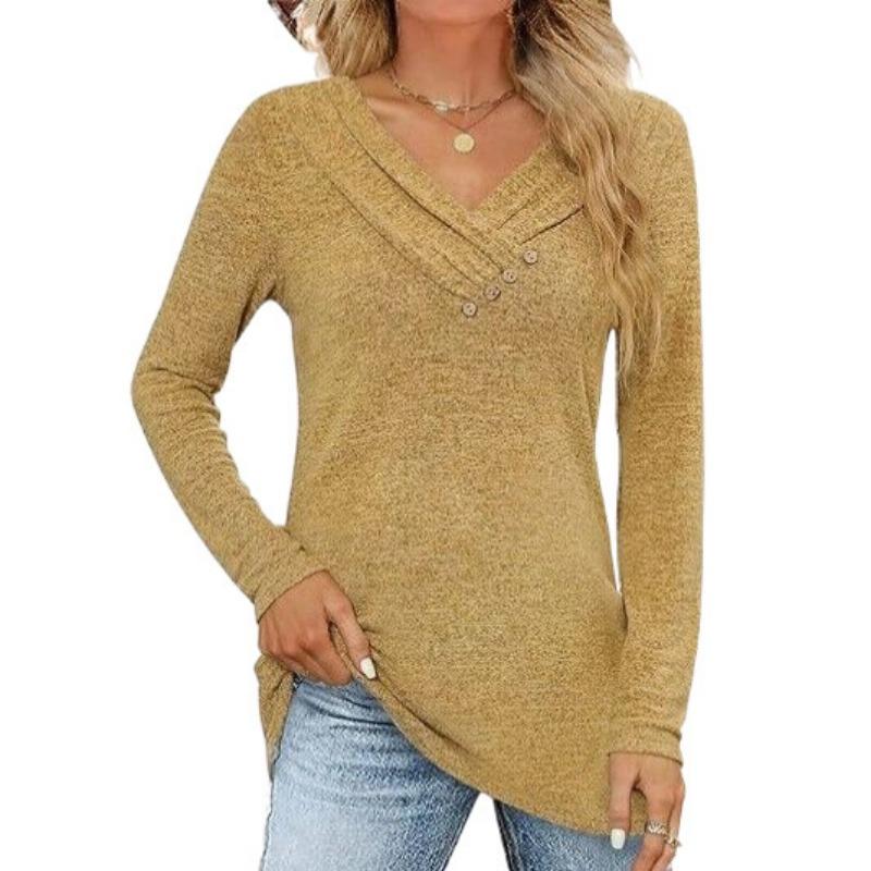 Women S Casual Solid Color V Neck Button Long Sleeve Top
