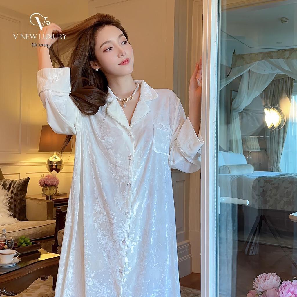 Silk Luxury Mid-Length French Nightgown - Gold Velvet, Thick, Early Winter