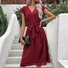 Women's Loose Casual V-Neck Belt Solid Color Dress Fashionable Dress Fashionable Dress
