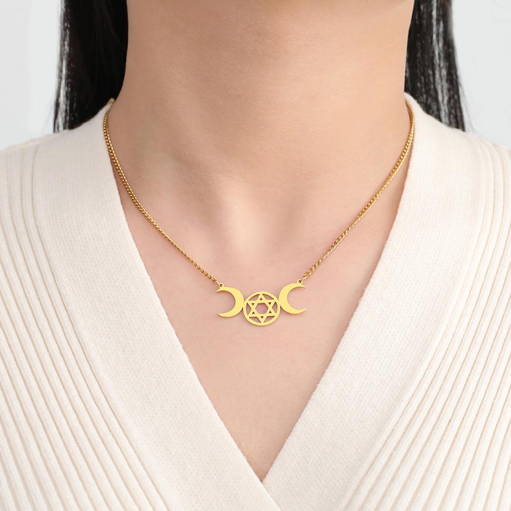 Dawapara Triple Moon Hexagram Necklace Jewish Star of David Moon Phase Pendant Wiccan Goddess Jewelry Stainless Steel