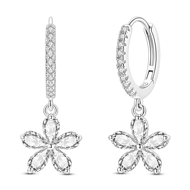 925 Sterling Silver CZ Huggie Hoop Earrings Dainty Five Petal Flower Drop Earrings Cherry Blossom Jewelry Gift for Women
