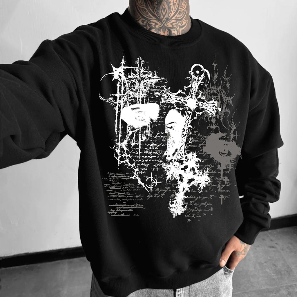 Thorn Cross Dark Fashion Style Men's Oversized Round-Neck Long-Sleeve Sweatshirt, Trendy Fashion Pullover