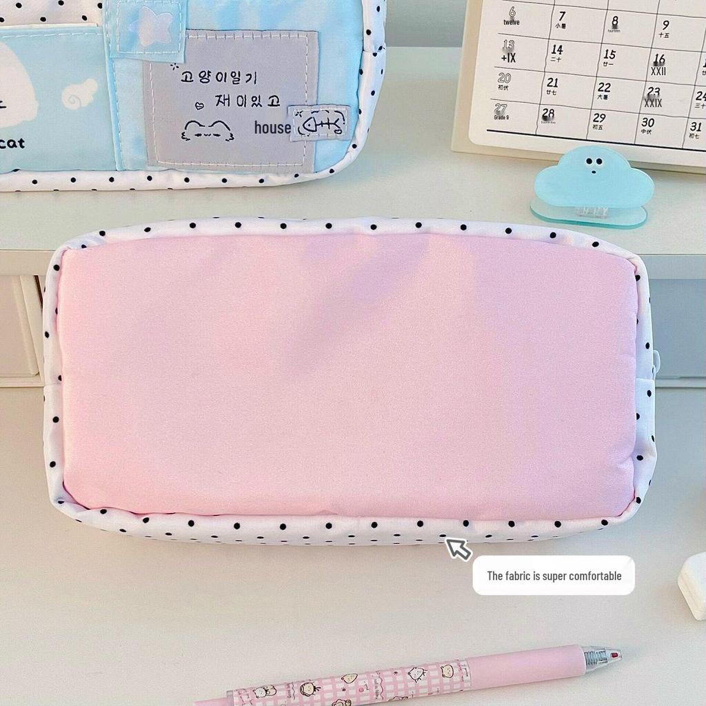 Tongxin Multi-Layer Blue Polka Dot Kitten Ita Bag Pencil Case - Versatile, Large-Capacity Stationery Holder