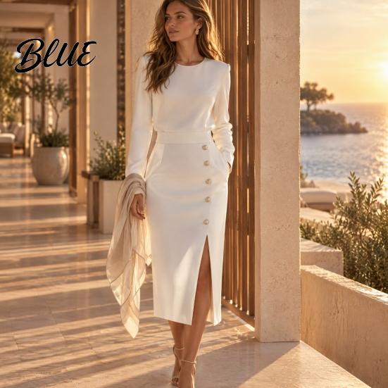 Commuting Dress Women Solid Color Midi Dress Slim Fit Autumn with Side Slit O-Neck Long Sleeve Metal Buttons Decor Formal Evening
