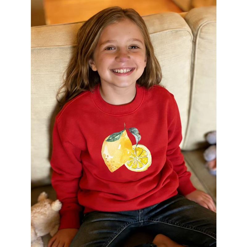 Kids Unisex Crewneck Sweatshirt, Watercolor Whole And Slice Lemon With Leaves Print Long Sleeve Pullover, Sweatshirt for Boys Girls Over 4 Years Old