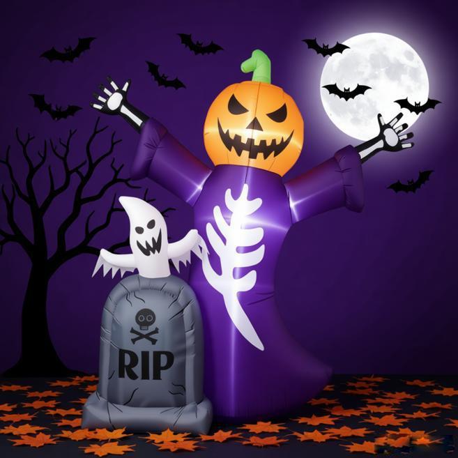 Calabaza Inflable de Halloween de 6 pies con Cabeza de Parca, Iluminación LED, Decoración Exterior para Jardín, Esqueleto Inflable, Lápida, Accesorio para Fiesta de Cementerio