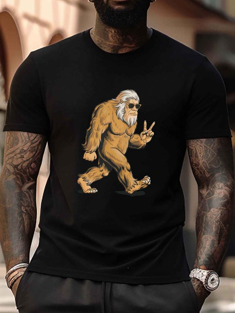 2026 New Mens Plus Size Casual Tshirt Rock Bigfoot with Glasses Geometric Pattern Round Neck Regular Style