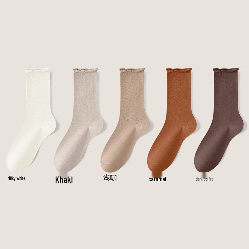 Women's Mid-Calf Cotton Socks: Spring/Autumn Style, Solid Color, Rolled Cuff, Loose Fit, Breathable, Sweat-Absorbent.