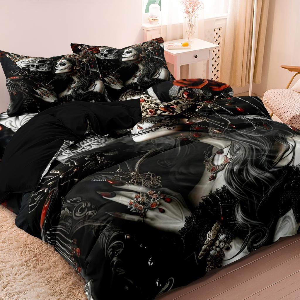 3Pcs Gothic Mexican Sugar Skull Woman Duvet Cover Bedding Set Floral & Skull Patterns - Ideal For Day Of The Dead Celebrations