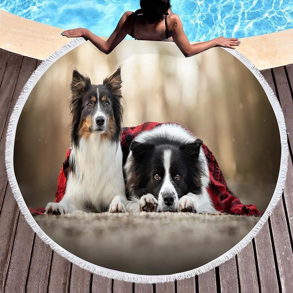 Border Collie Round Beach Towels,Dog Greeting Its Owner Among Flowers Sand Free Absorbent Beach Blanket Bath Towels Picnic Mat