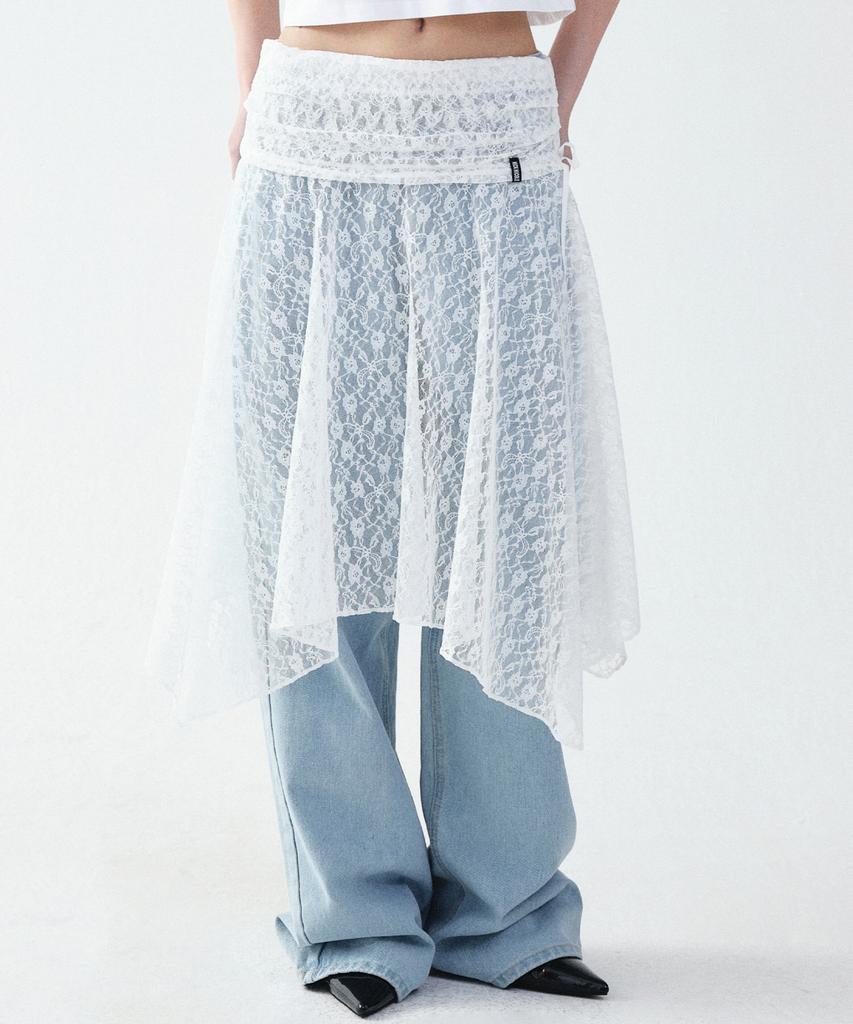 Nigaennikol Lace Shirring Flare Midi Skirt_Ivory