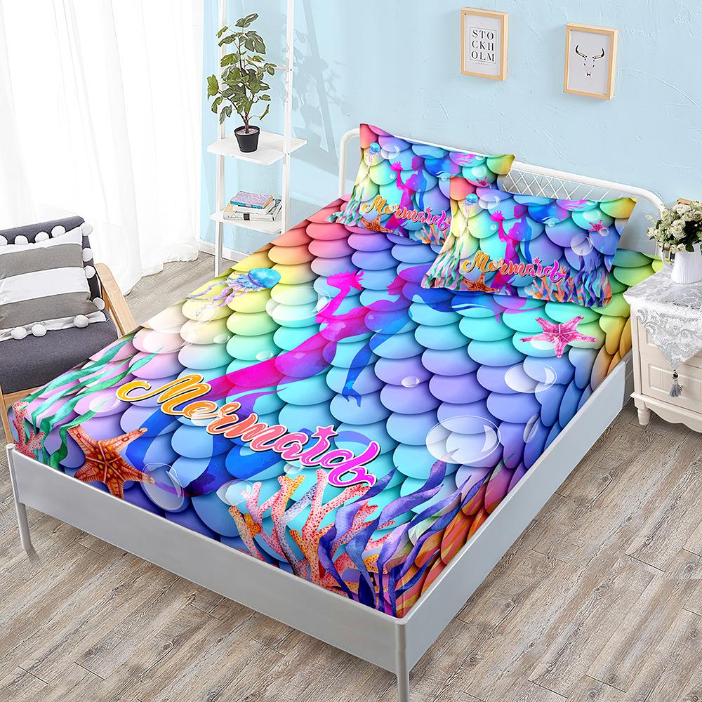 Gradual Change Color Mermaid Mattress Kit Three-Piece Pillowcase Mattress Cover
