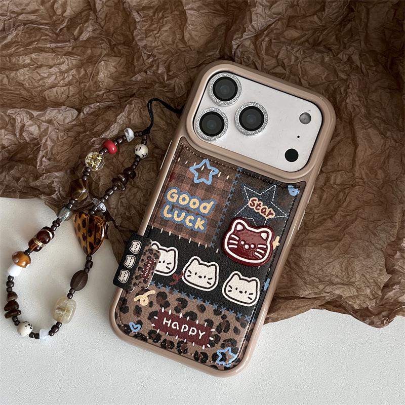 Braune Karo-Stern-Kätzchen-Handyhülle im japanischen & koreanischen Stil - Passend für iPhone17, 16ProMax/15/14