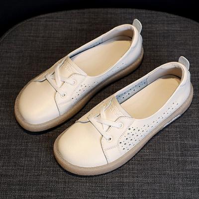 Small White Shoes Women's Summer New Hollow Out Breathable Flat Bottom Leather Shoes Soft Sole One Foot Pumps Maternity Shoes