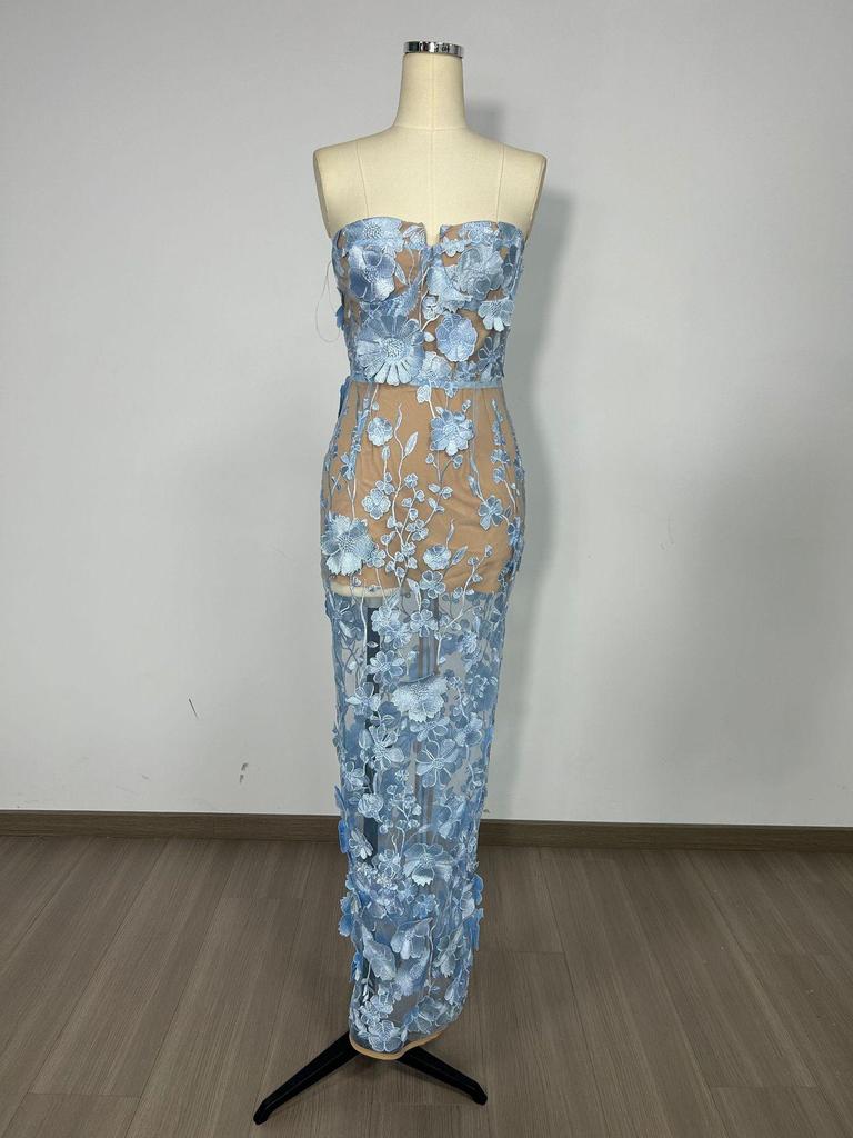 Europäisches & Amerikanisches Design Trägerloses Blaues Abendkleid mit 3D-Blumen-Details