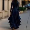 Abito da Sera Donna Manica Lunga Scollo a V Vita Alta Vestibilità Aderente Ruffles Colore Unito Elegante Moda Festa Primavera Autunno Vestito
