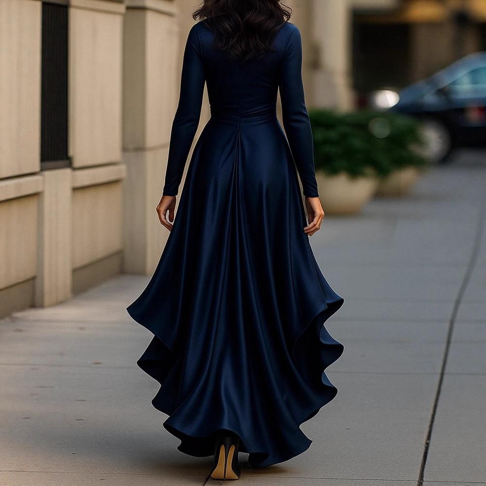 Abito da Sera Donna Manica Lunga Scollo a V Vita Alta Vestibilità Aderente Ruffles Colore Unito Elegante Moda Festa Primavera Autunno Vestito