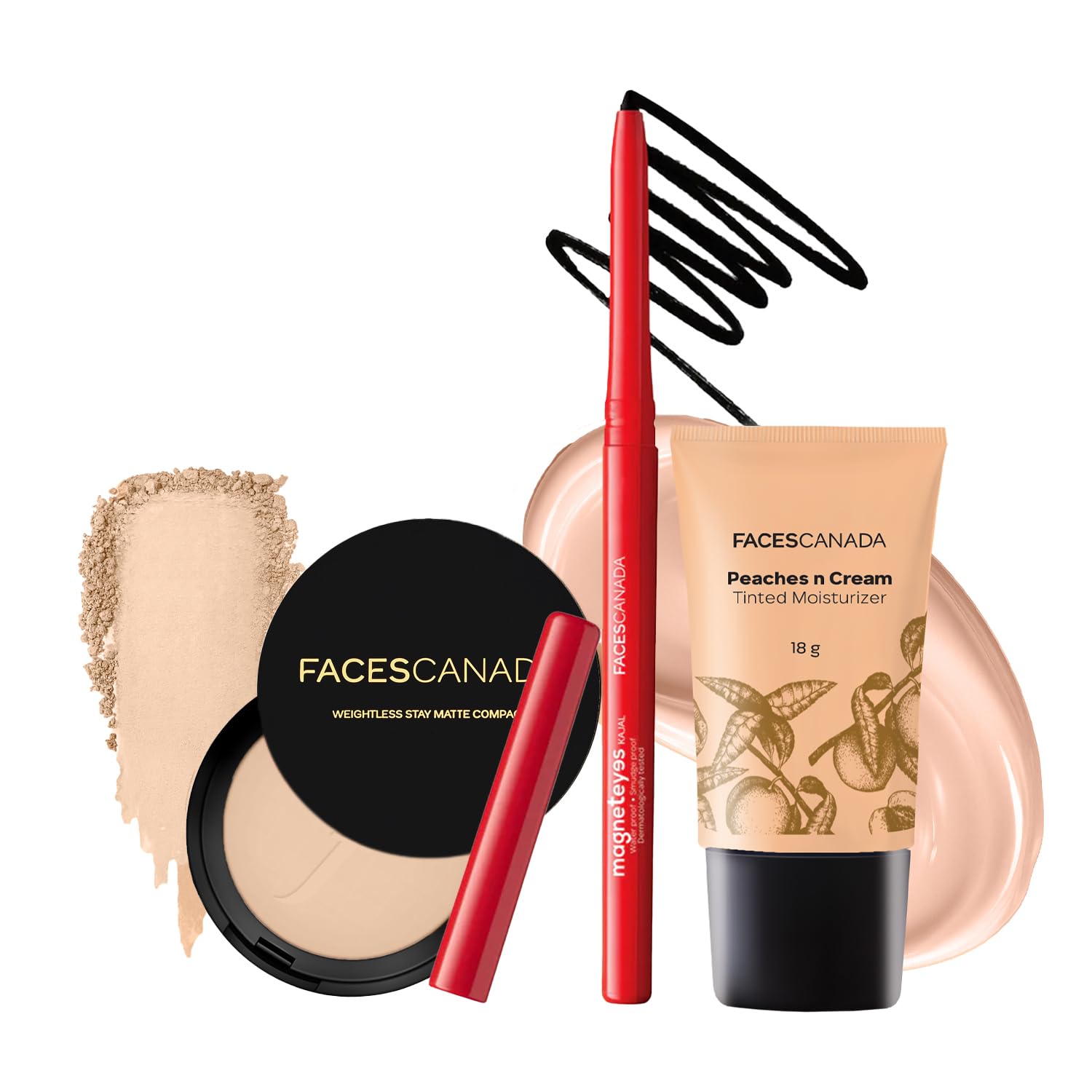 FACES CANADA Dewy Shine Combo - Tinted Moisturizer - Light 01 (18 gm) + Magneteyes Kajal - Black (0.35 gm) + Weightless Stay Matte Compact Powder -