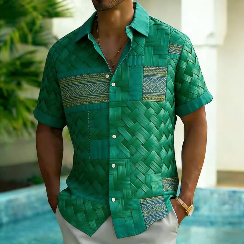 Men's Fashion Ethnic Print Short Sleeve Button Down Shirt Trendy Summer Style For Vacation Party Gathering Daily Commute