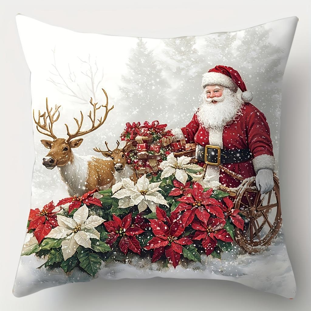 Set of 4 Christmas Throw Pillow Covers, Double-Sided Printed Xmas Cushion Cases with Snowman, Santa, Reindeer, Gnome & House Patterns, 16/18/20 Inch S