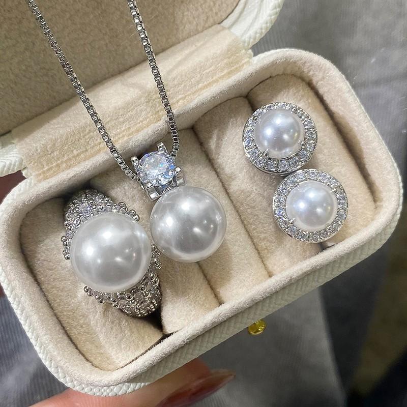 Huitan Imitation Pearl Women Necklace Stud Earrings Ring Aesthetic Wedding Inlaid CZ Jewelry Set with Gift Box for EngagementGood Product