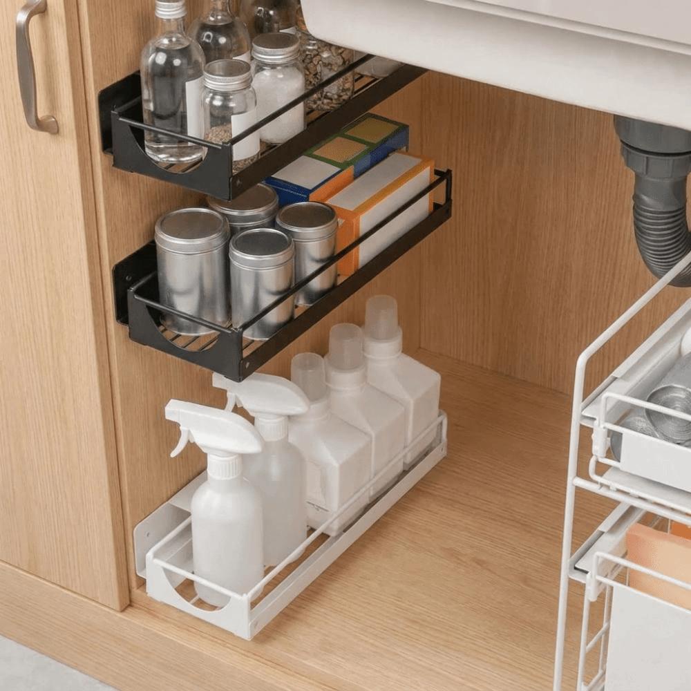 Carbon Steel Narrow Storage Rack Punch Free Wall Mounted Sliding Storage Rack Space Saving Under Sink Organizer Pantry
