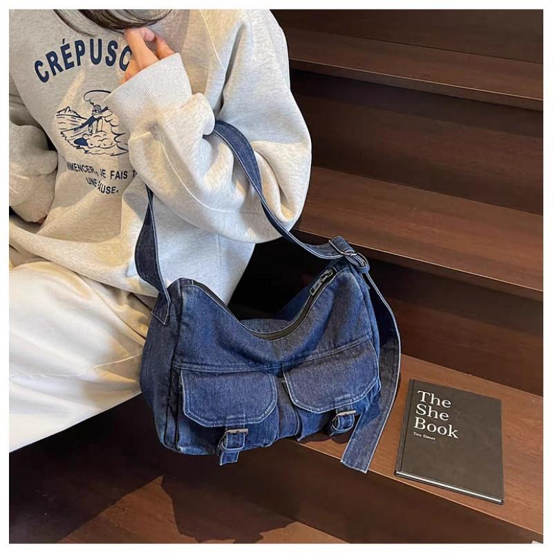 Hong Kong Style Retro Denim Niche Tote Bag Large Capacity Casual All-matching Commuting Shoulder Fashionable Women's