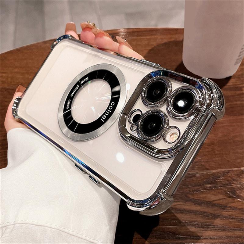 

Роскошный прозрачный магнитный чехол Magsafe с покрытием для iPhone 14 13 12 11 Pro Max 14Pro, противоударный прозрачный акриловый чехол с углами iPhone 14 Pro Max серебряный