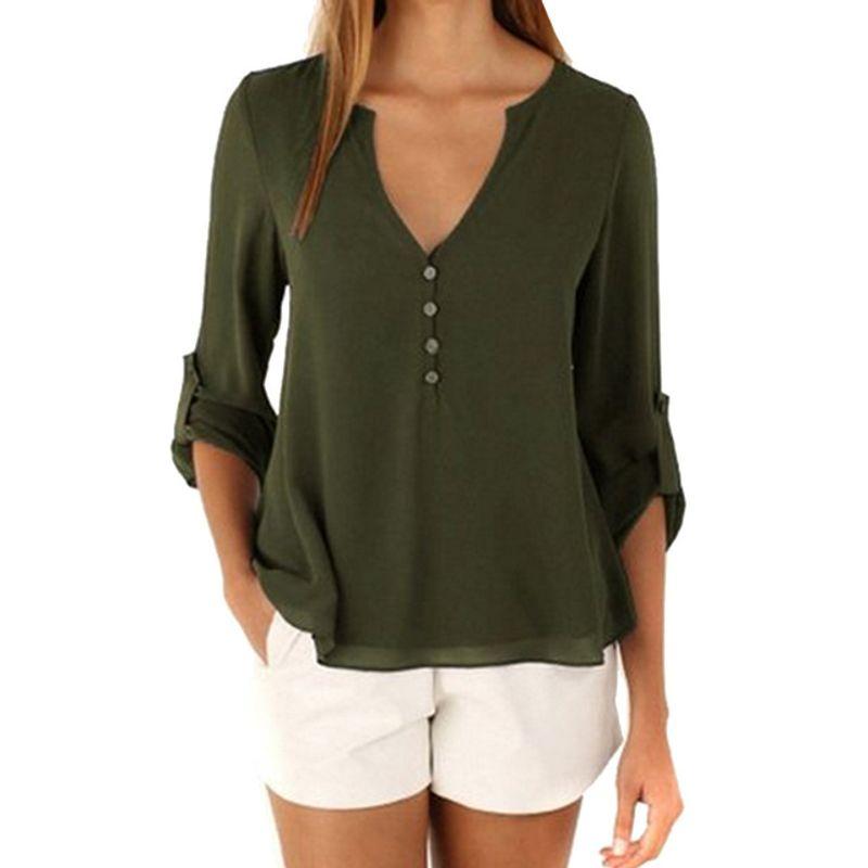 

Solid Long Sleeve V-Neck Button-up Shirt Pure Color Long Sleeves V Neck Button down Shirt Army Green 5XL