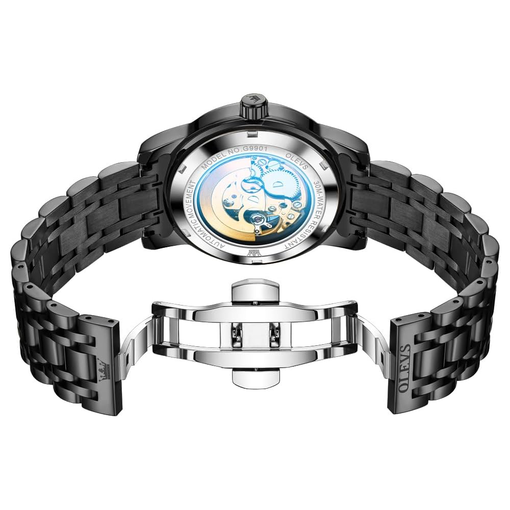 OLEVS G9901 Men's Automatic Mechanical Watch Stainless Steel Bezel Luminous Waterproof Classic Black Band Black Dial