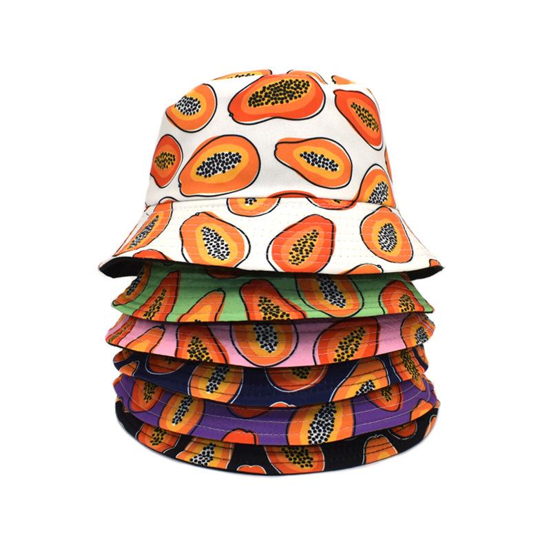 Zealous Sole Women's Black Papaya Fruit Print Bucket Hat For Men Summer Travel Outdoor Sunscreen Fisherman Hats Fashion Fruit Decorate Panama Hip Hop 56-58Cm