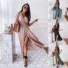 Women's Fashion Summer Spring Solid Color Print Short Sleeve V-Neck High Waist Casual Dresses