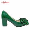 Aphixta Neue 7cm Quadratabsatz Lackschuhe Damen Pumps Dunkelgrün Blumen Officile Spitzschuh Übergröße 49 50