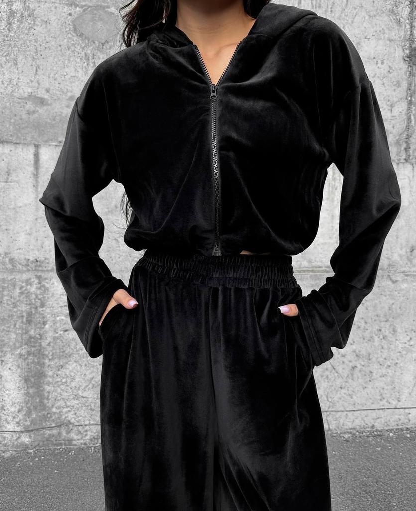 European and American style velvet hooded suit women's short jacket high waist wide leg pants relaxation casual two-piece suit women