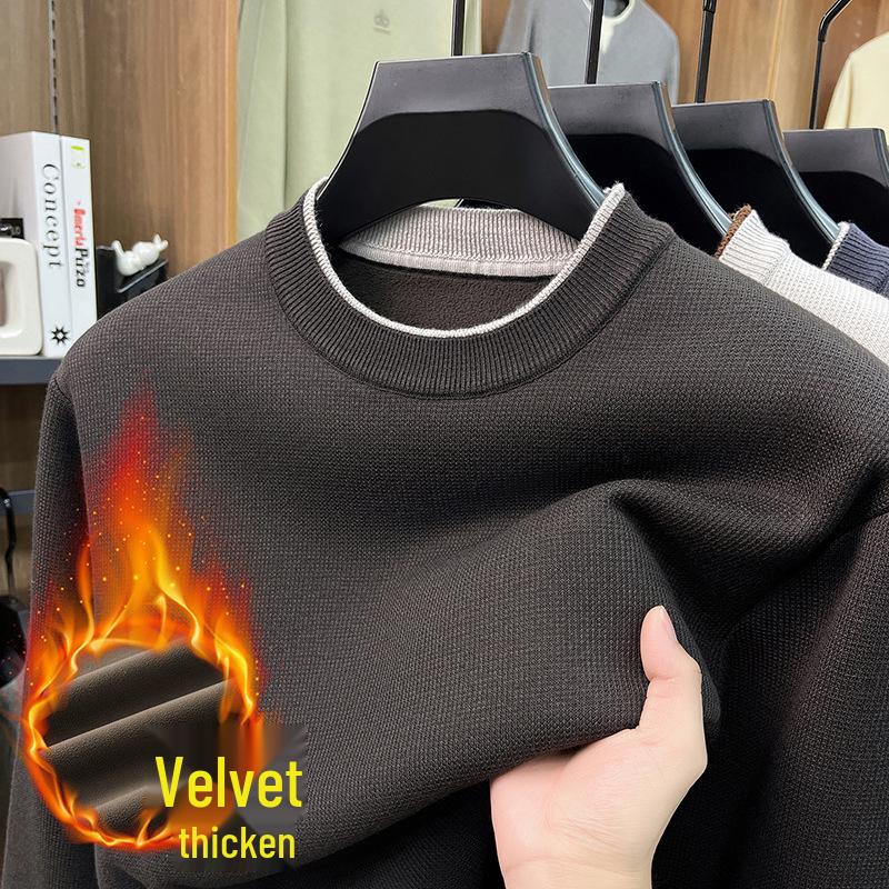 Men s Double Color Velvet-Lined Knit Sweater with Round Neck XL