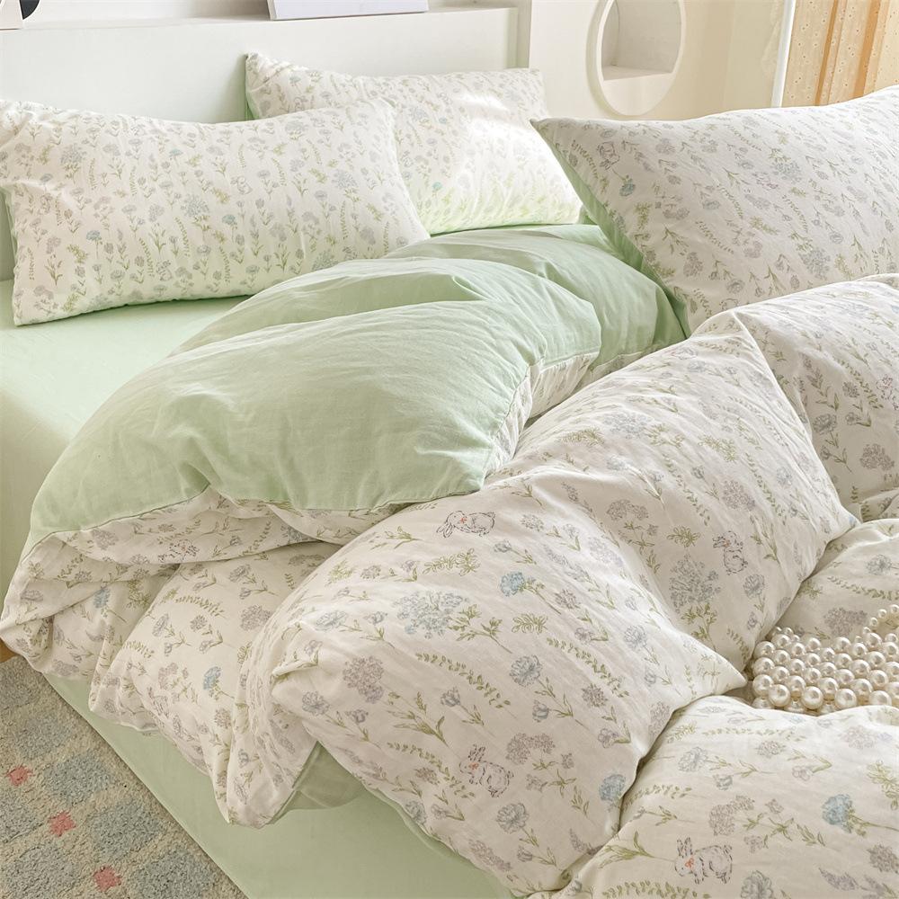 Pure Cotton Class A Maternal And Infant Grade Double-Layer Yarn Four-Piece Set, Summer Breathable Small Floral Dormitory Can Be Washed Without Pilling