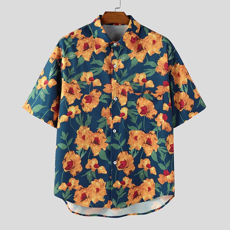 

INCERUN Summer Men Lapel Neck Short Sleeve Floral Print Casual Hawaiian Shirts S оранжевый
