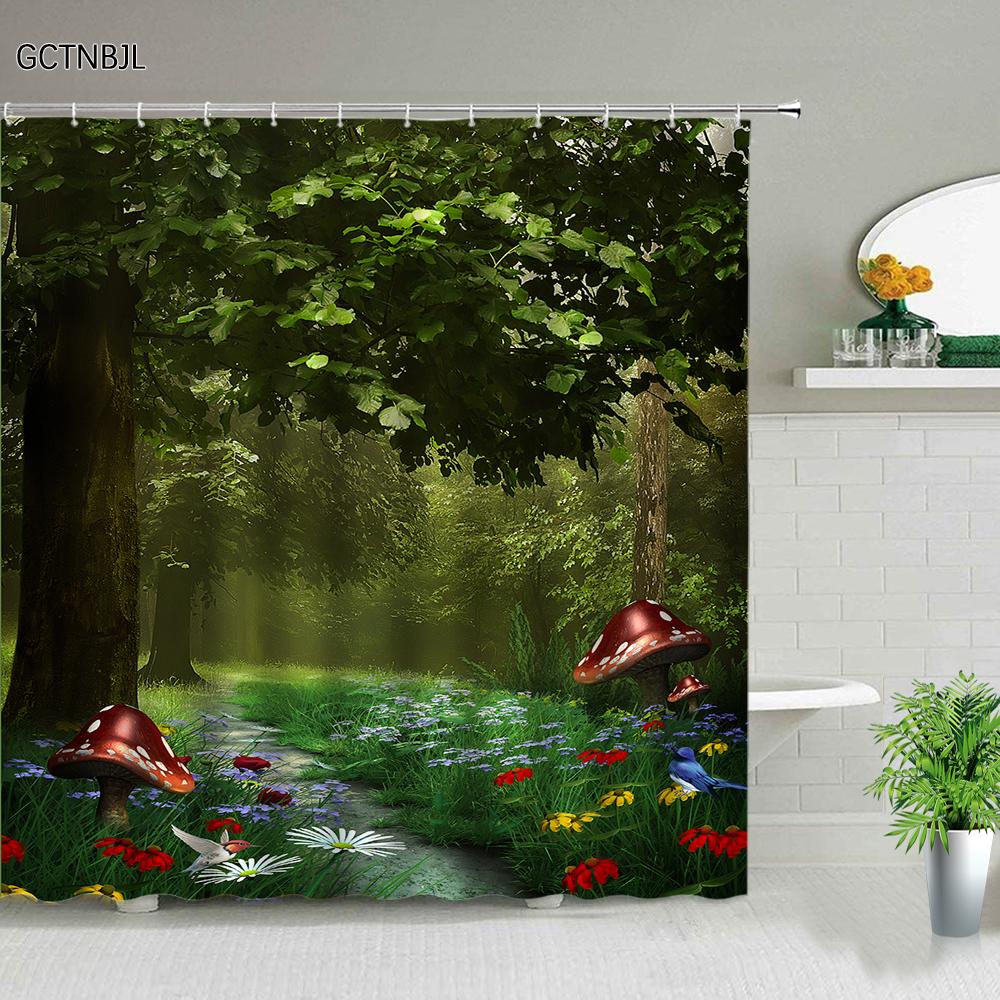 Fantasy Forest Shower Curtain Set Mystery Fairy Forest  Mushroom Flower Plant Home Bathroom Decor Curtains  Bath Accessory Set