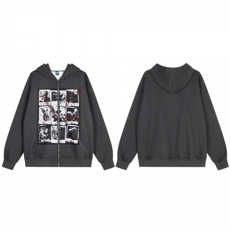 Mens Oversized Hooded Zip-Up Sweatshirt Streetwear Vintage Retro Hip Hop Casual Outerwear
