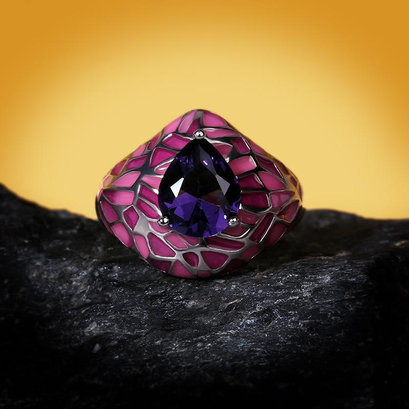 925 Ladies Jewelry Dark Blue Big Zircon Ring Pink Epoxy Irregular Creative Ladies Exquisite Jewelry Handmade Enamel ring
