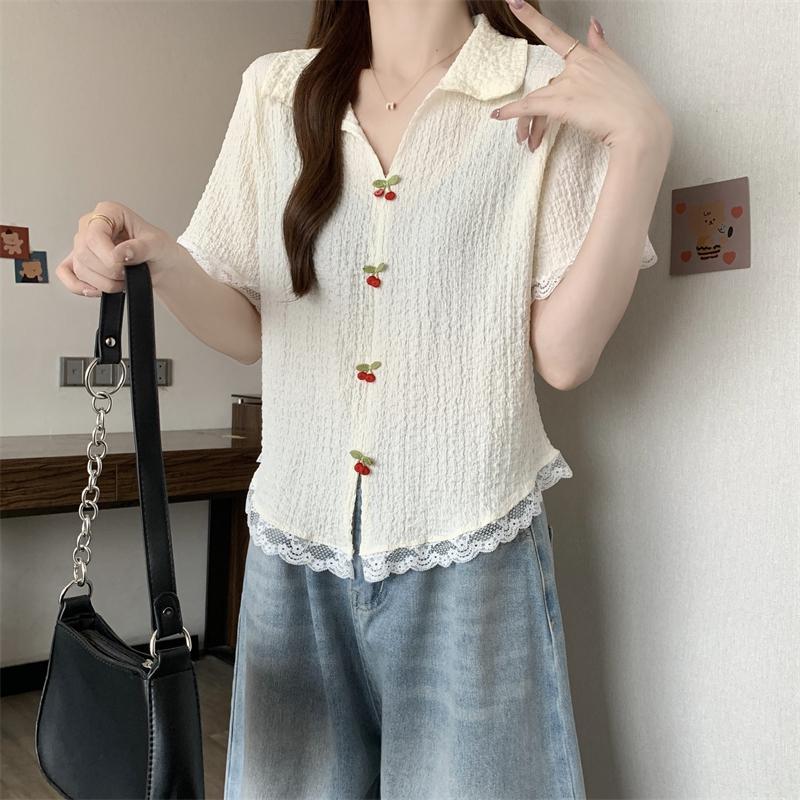 Wrinkle Style Women's T-shirt Turndown Collar Lace Edge Three-dimensional Splicing T-shirts Summer Casual Lady Pullover Top