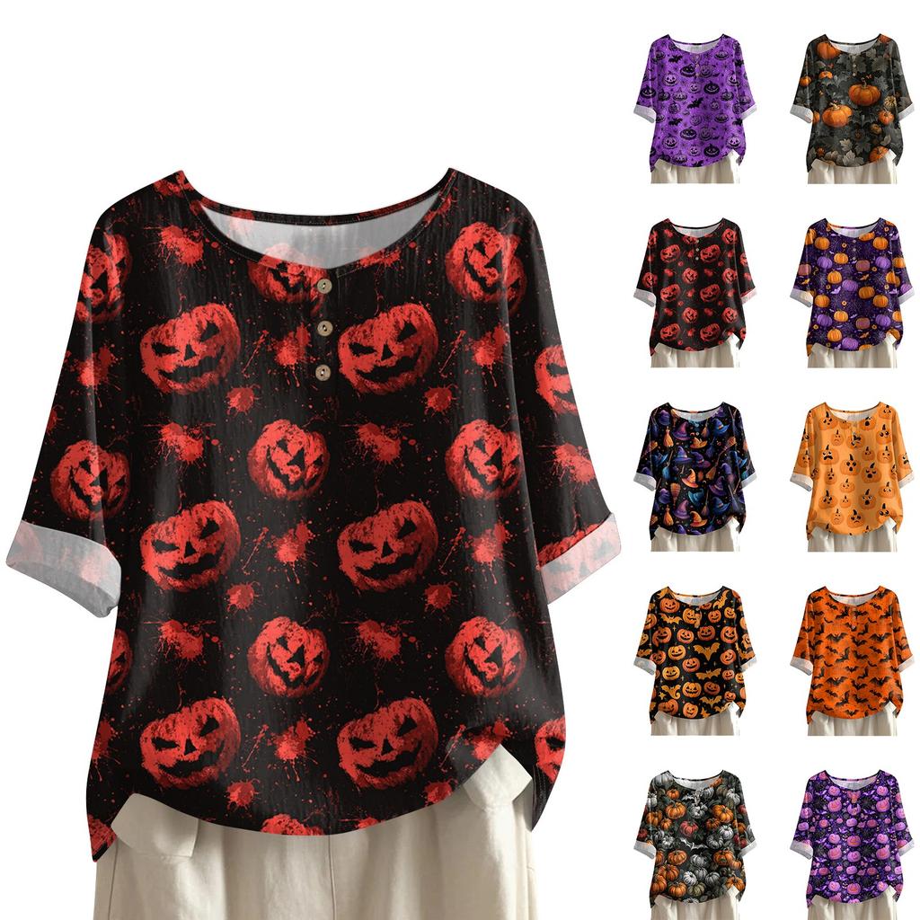 Women's Casual Mid Sleeved Round Neck Halloween Printed Cotton And Linen Top