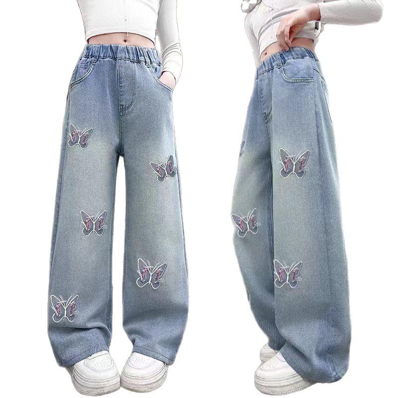 Girls  Spring/Fall Korean-Style Pants: Casual, Straight-Leg, Loose-Fit Jeans for Older Kids 120